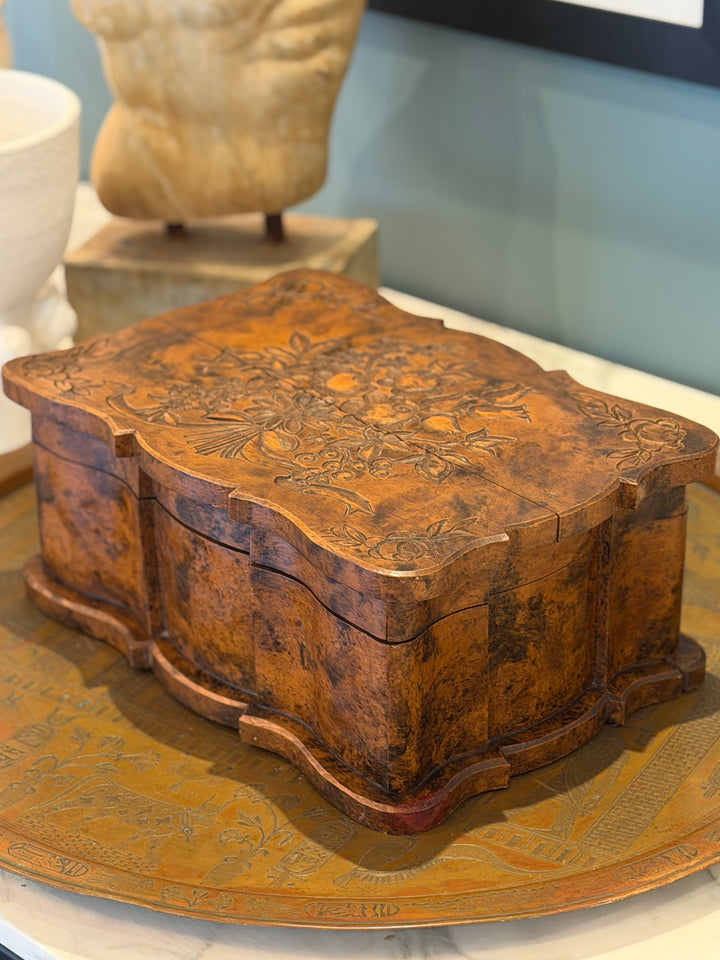 Large Antique Handcrafted  +  Carved Wood Keepsake Box