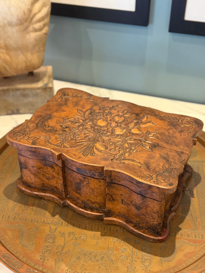 Large Antique Handcrafted  +  Carved Wood Keepsake Box