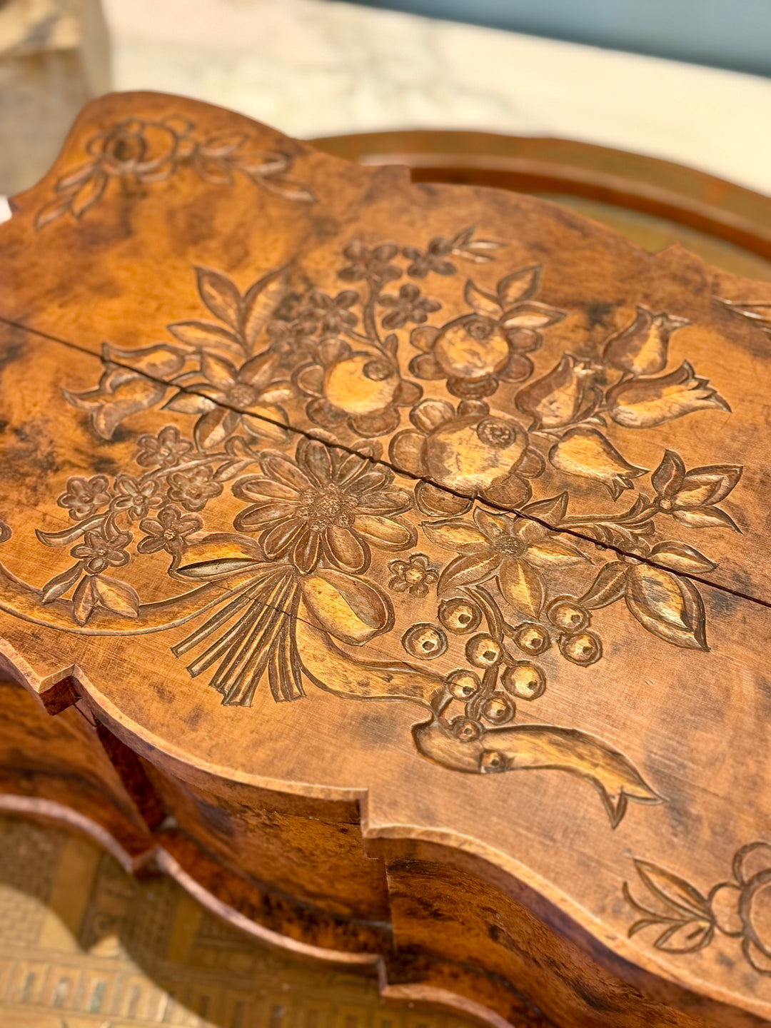 Large Antique Handcrafted  +  Carved Wood Keepsake Box