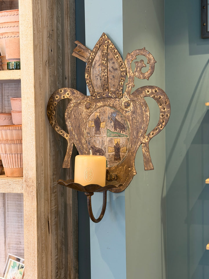 19th Century Spanish Revival Coat of Arms Iron Candle Sconce