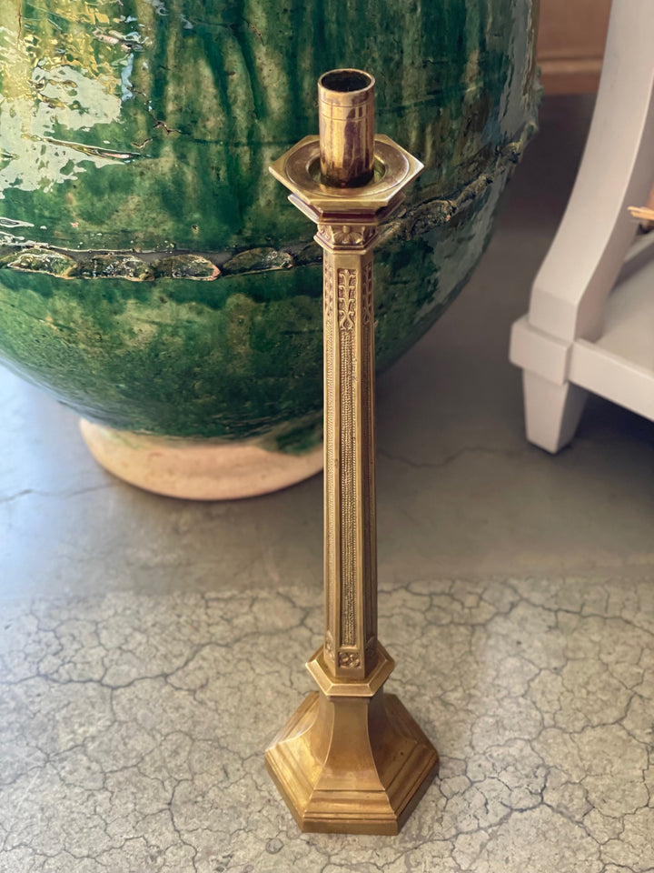 Vintage Tall Brass Candlestick w/ Intricate Design Motifs