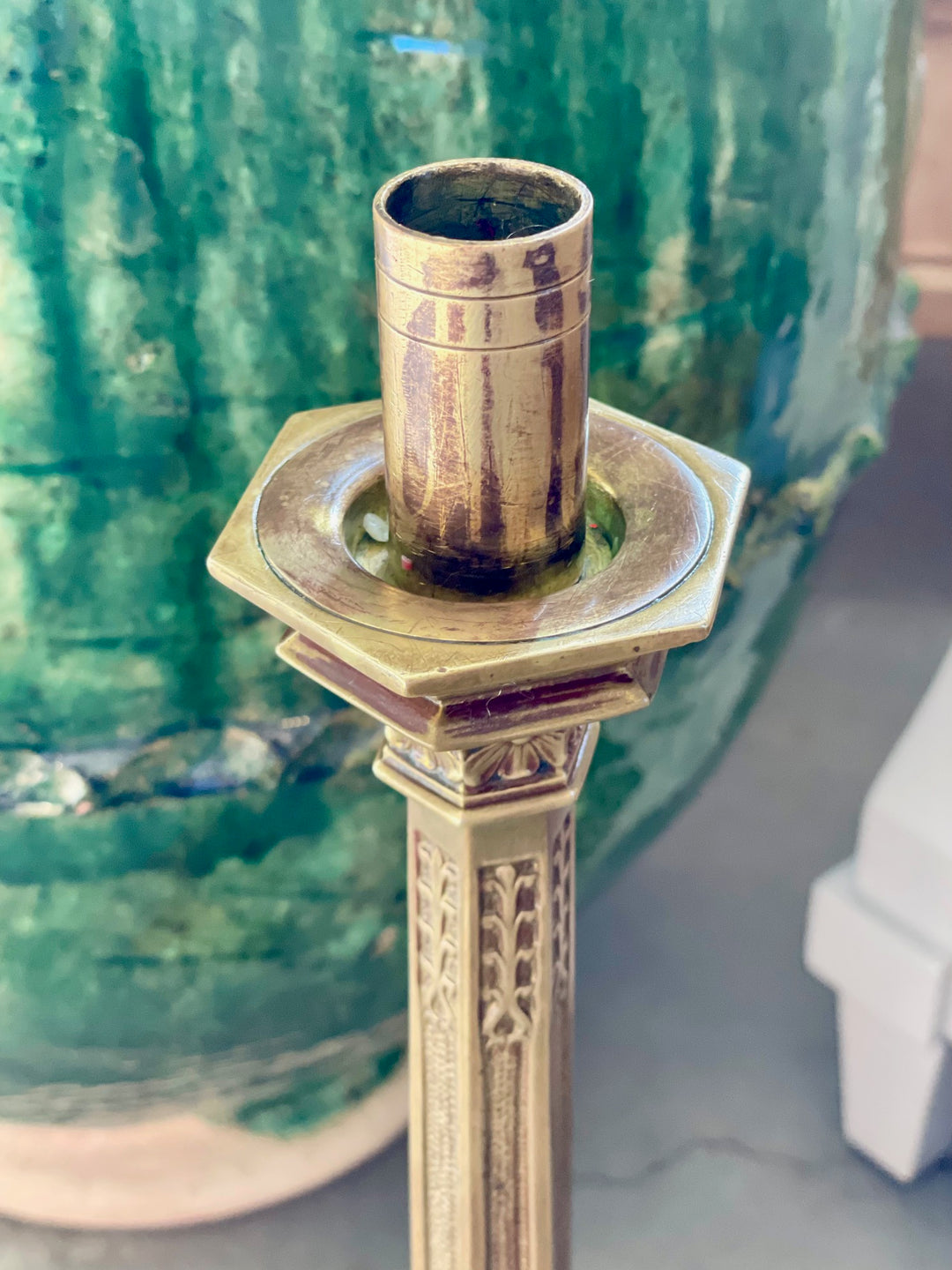 Vintage Tall Brass Candlestick w/ Intricate Design Motifs