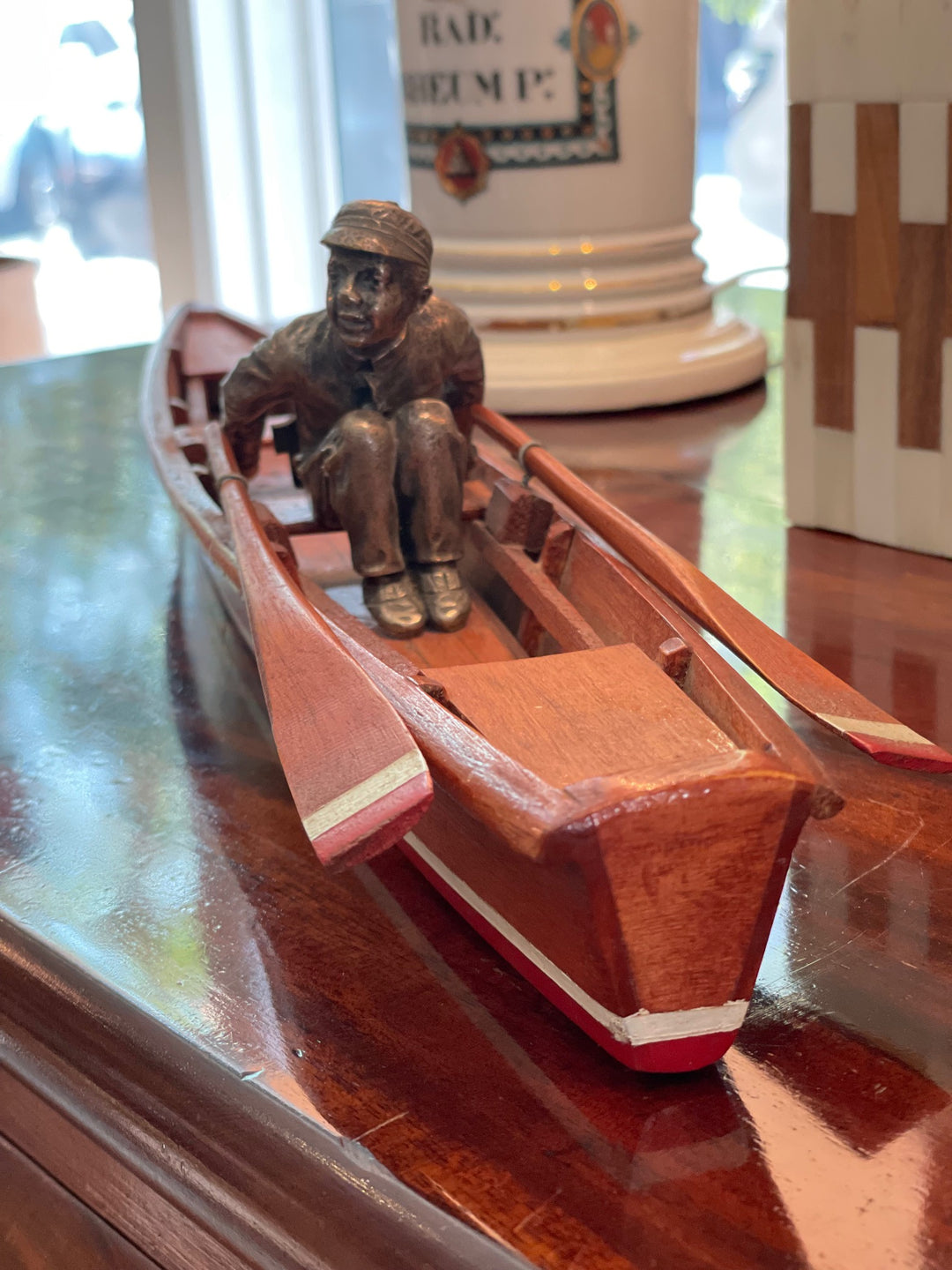 Vintage Handmade Wood Rowing Scull (boat) w/ a Silvered Bronze Crew Racer Figure