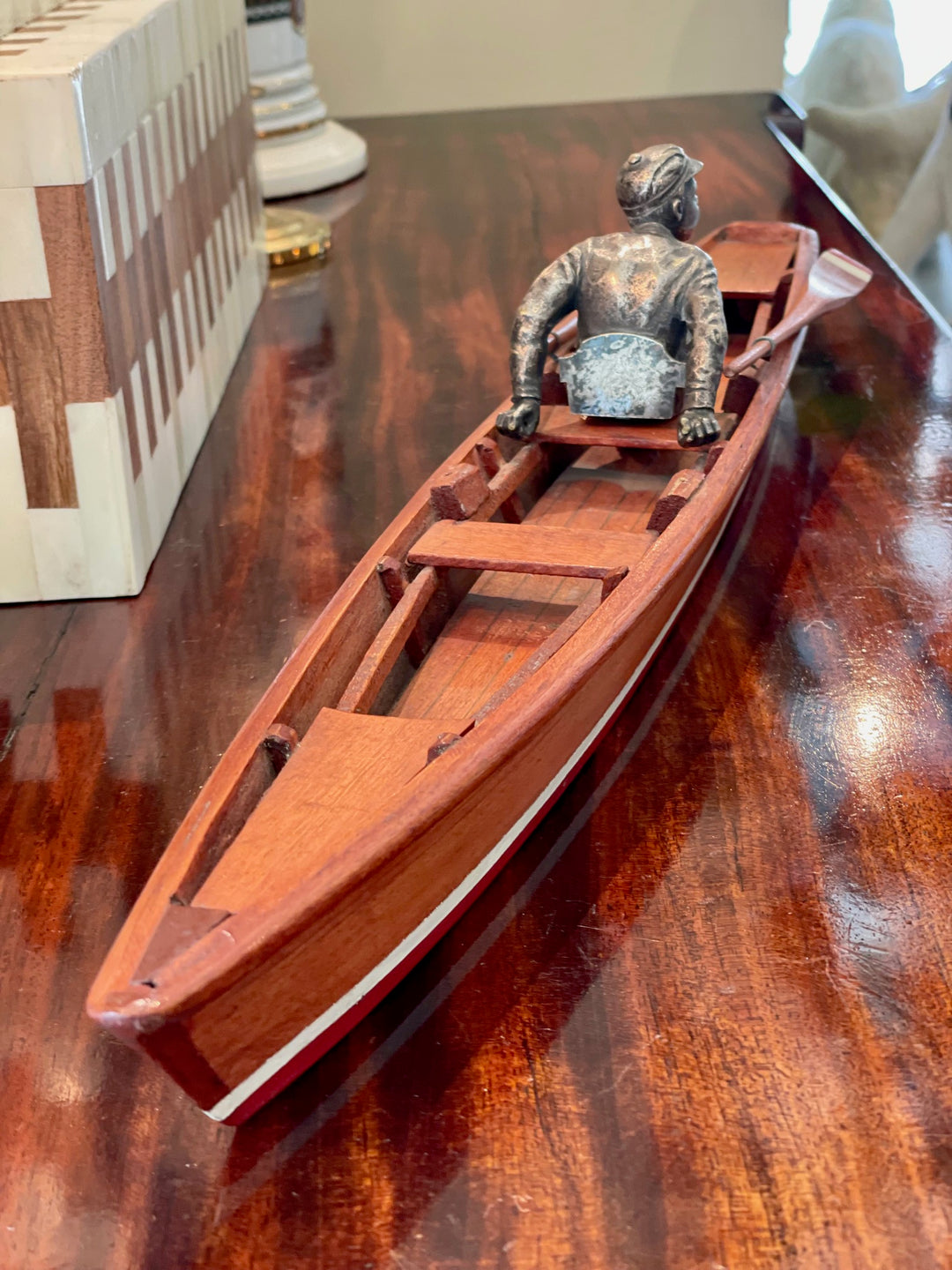 Vintage Handmade Wood Rowing Scull (boat) w/ a Silvered Bronze Crew Racer Figure