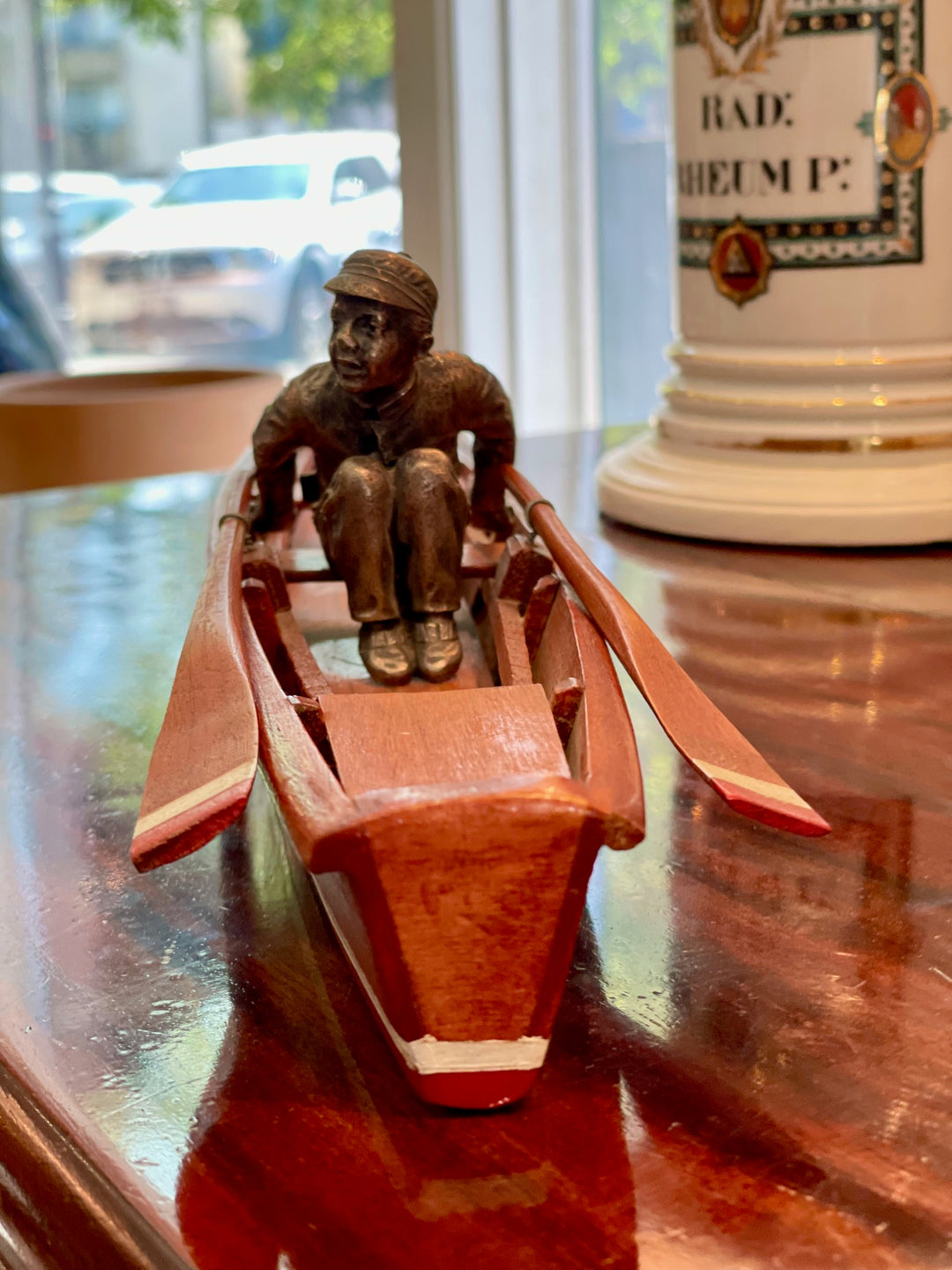 Vintage Handmade Wood Rowing Scull (boat) w/ a Silvered Bronze Crew Racer Figure