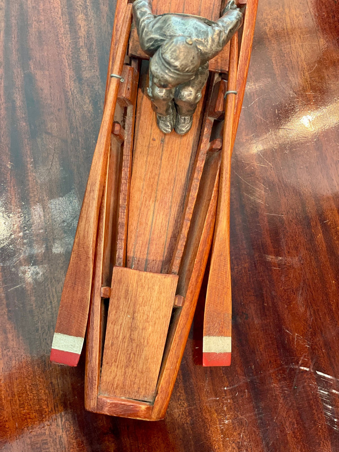 Vintage Handmade Wood Rowing Scull (boat) w/ a Silvered Bronze Crew Racer Figure