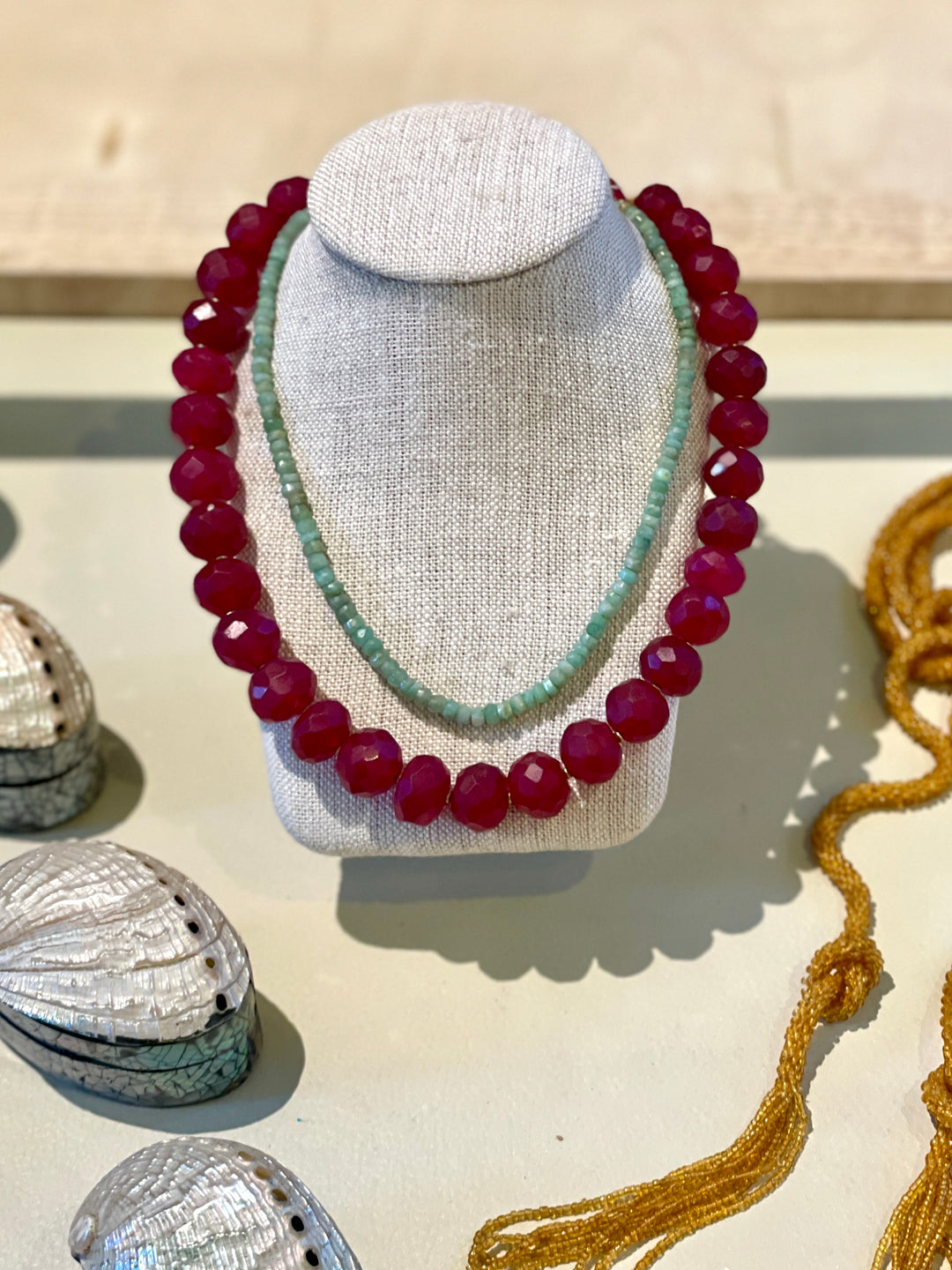 Handcrafted 18" Faceted Ruby Glass Bead Necklace w/ Brass Spacer Beads + Closure, Morocco