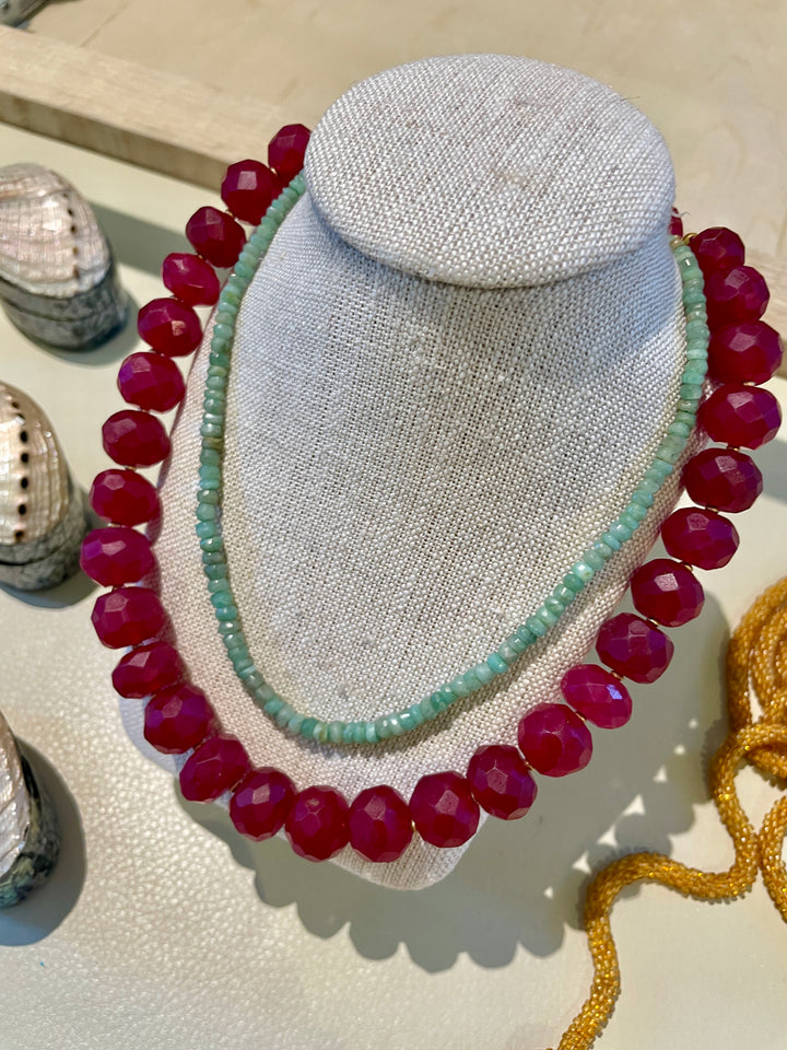 Handcrafted 18" Faceted Ruby Glass Bead Necklace w/ Brass Spacer Beads + Closure, Morocco