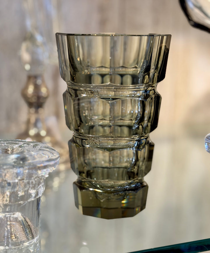 Mid-Century Faceted Smoke Glass Vase w/ Heavy Base