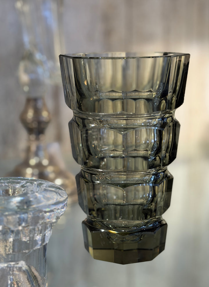 Mid-Century Faceted Smoke Glass Vase w/ Heavy Base