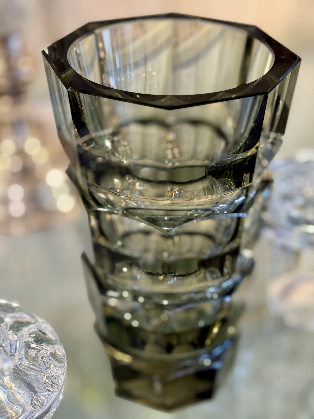 Mid-Century Faceted Smoke Glass Vase w/ Heavy Base
