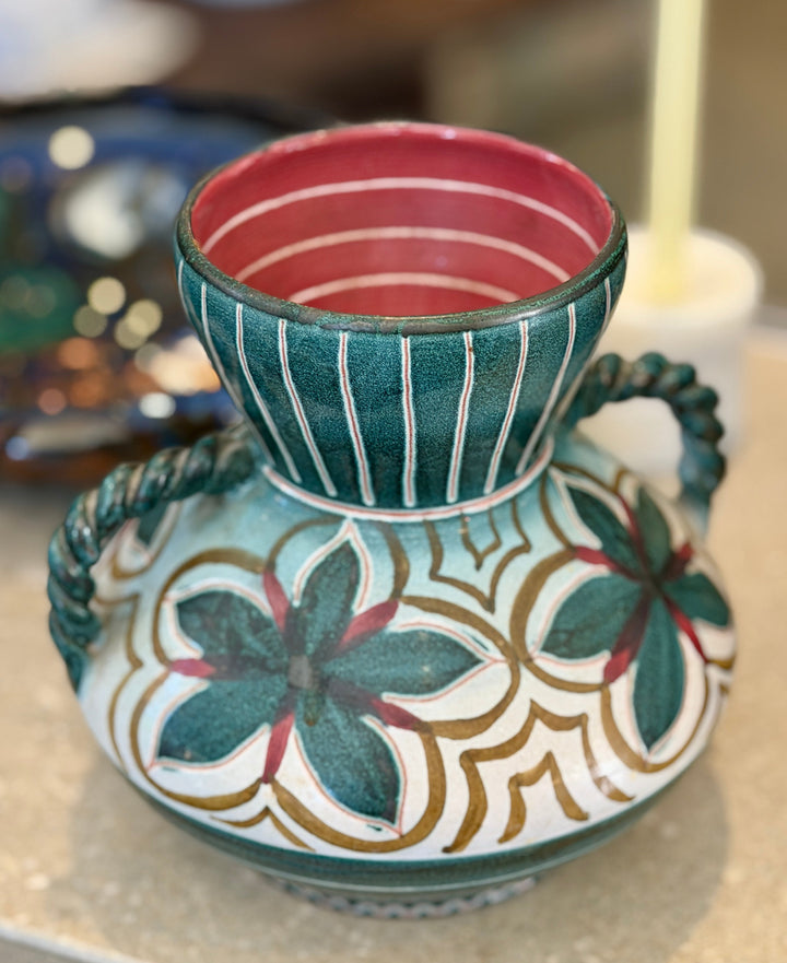 Vintage Hand-Painted Pottery Vase w/Twisted Handles, Norway