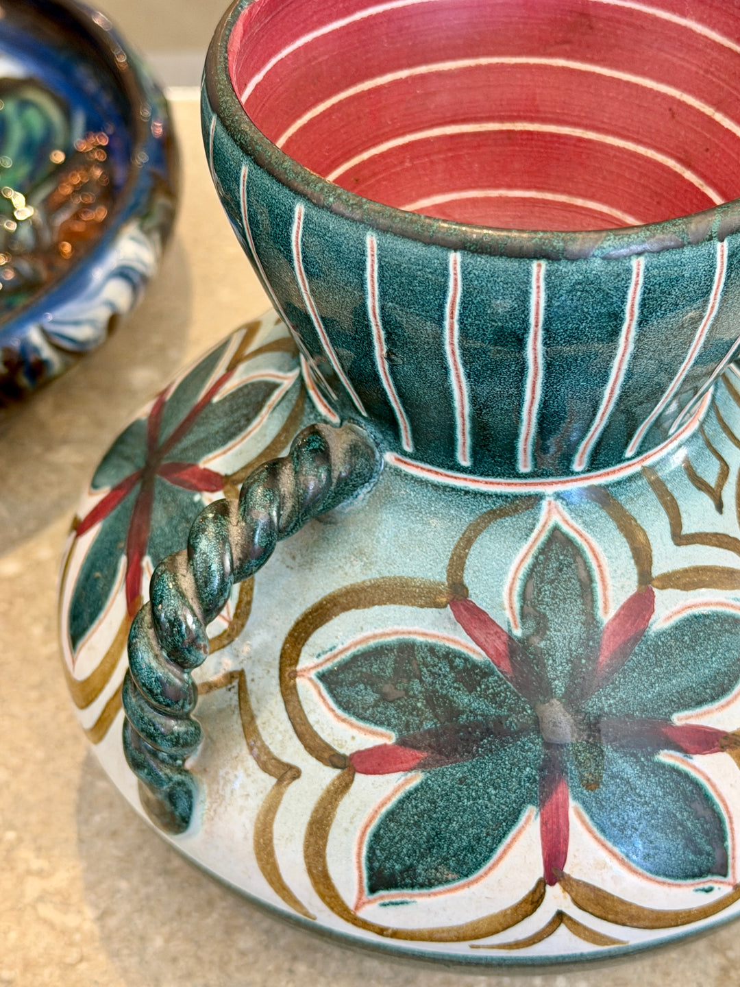 Vintage Hand-Painted Pottery Vase w/Twisted Handles, Norway