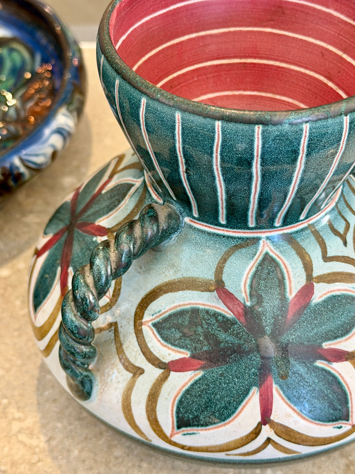 Vintage Hand-Painted Pottery Vase w/Twisted Handles, Norway