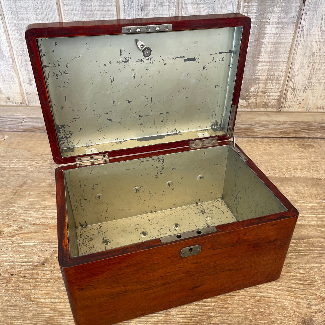Antique Flame Mahogany Lock Box with Metal Interior