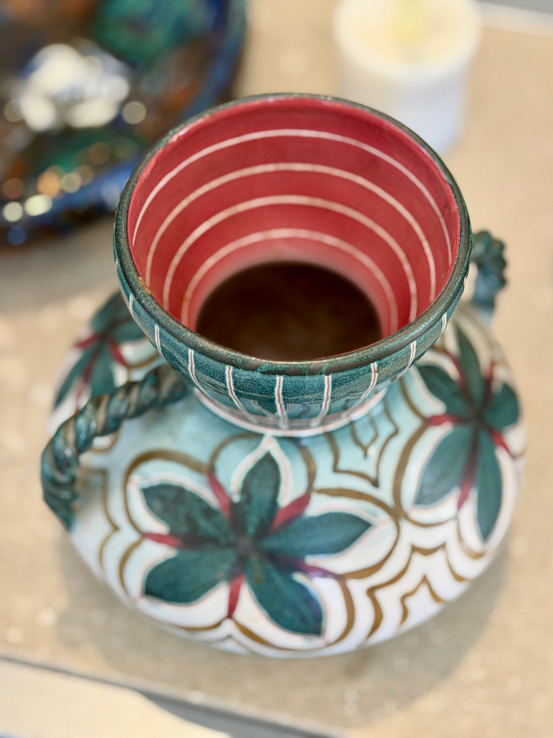 Vintage Hand-Painted Pottery Vase w/Twisted Handles, Norway