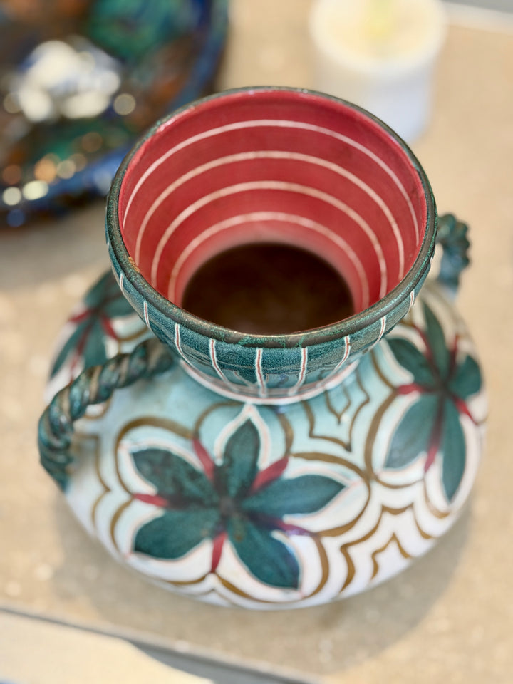 Vintage Hand-Painted Pottery Vase w/Twisted Handles, Norway