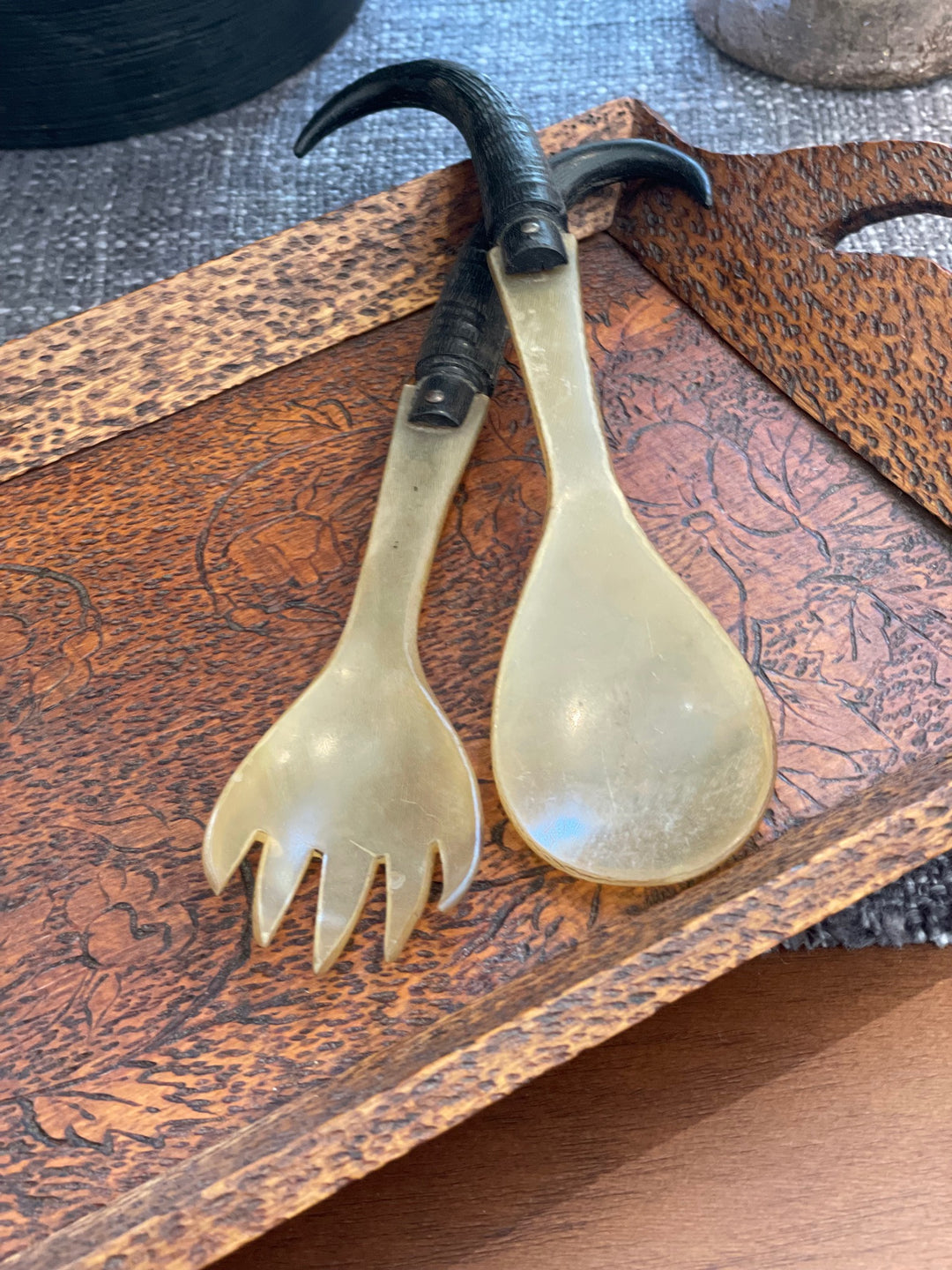 Vintage Hand Carved Horn Serving Set