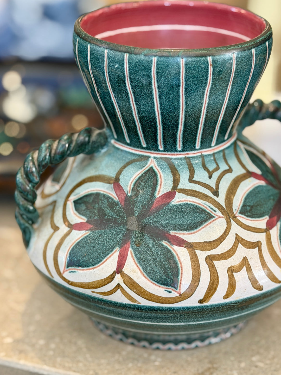 Vintage Hand-Painted Pottery Vase w/Twisted Handles, Norway