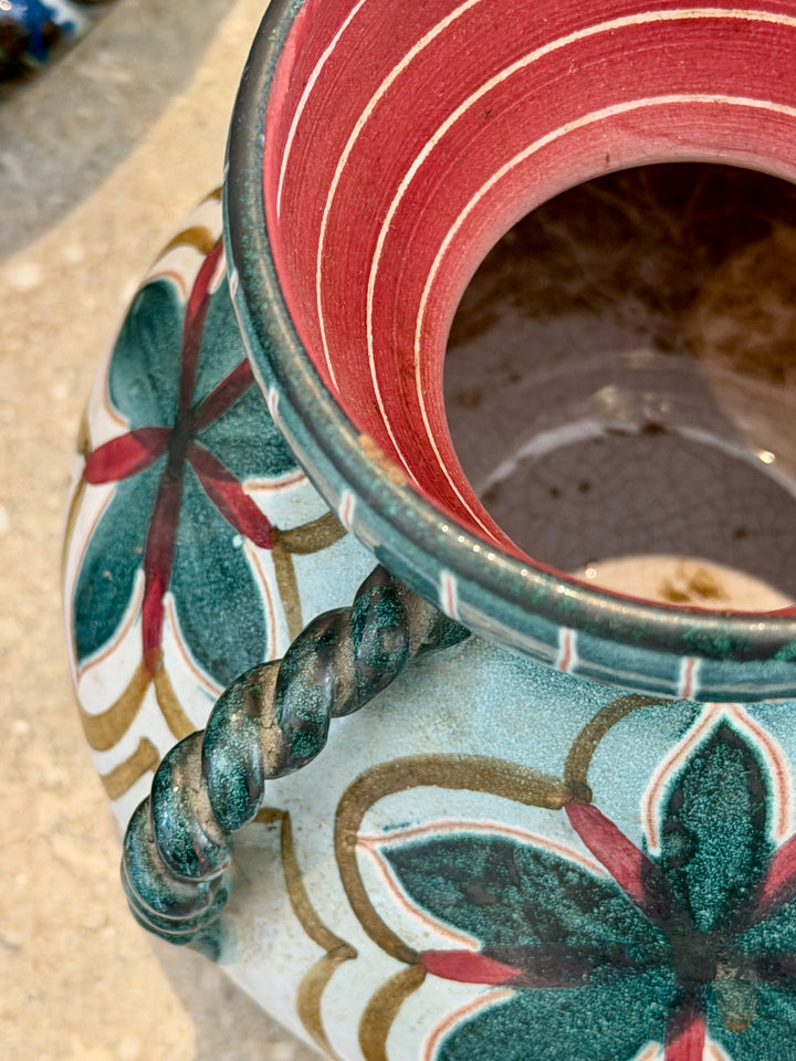 Vintage Hand-Painted Pottery Vase w/Twisted Handles, Norway