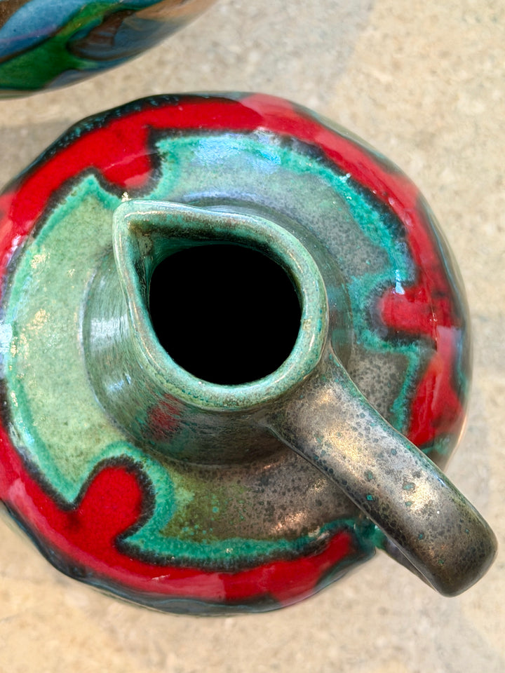 Small Vintage Pottery Pitcher w/ Red Drip Glaze Accent, Germany