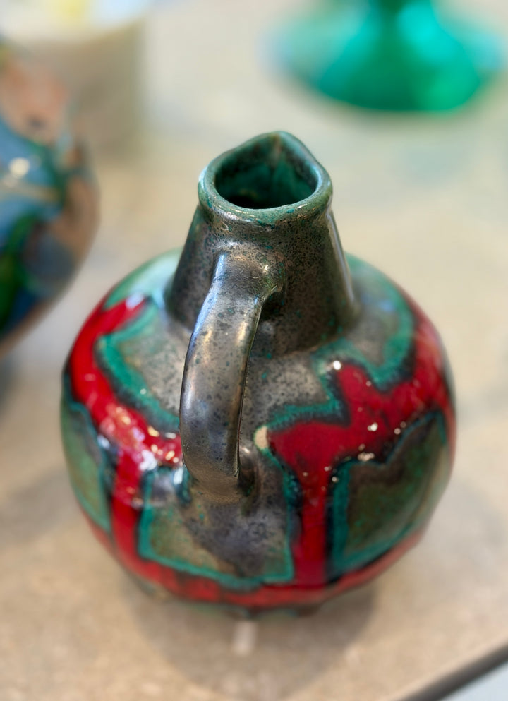 Small Vintage Pottery Pitcher w/ Red Drip Glaze Accent, Germany