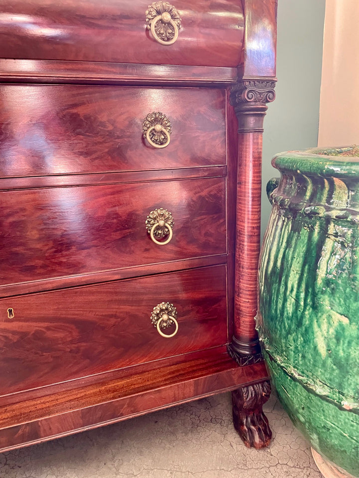 Antique American Empire Mahogany Wood 4 Drawer Chest w/ Claw Feet + Original Brass Pulls