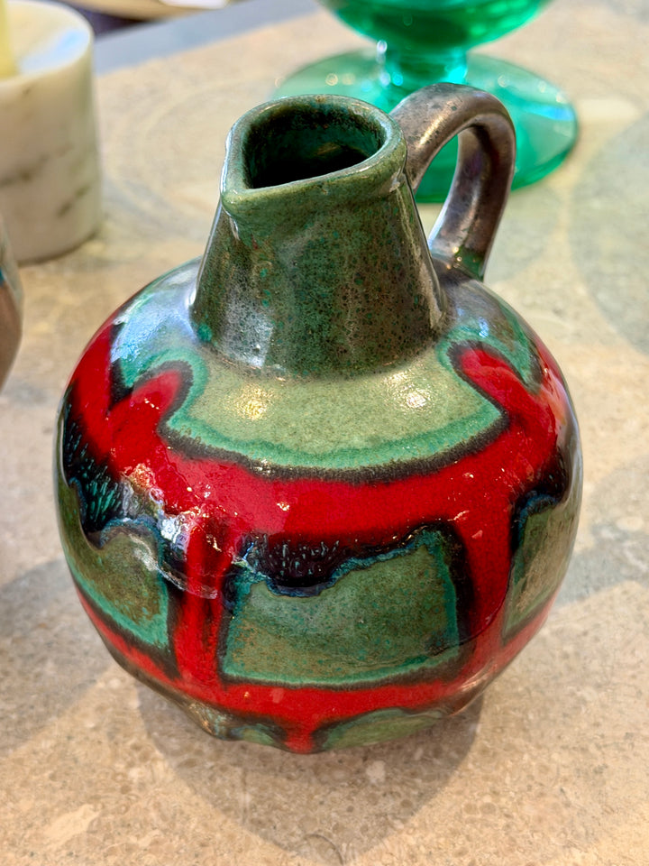 Small Vintage Pottery Pitcher w/ Red Drip Glaze Accent, Germany