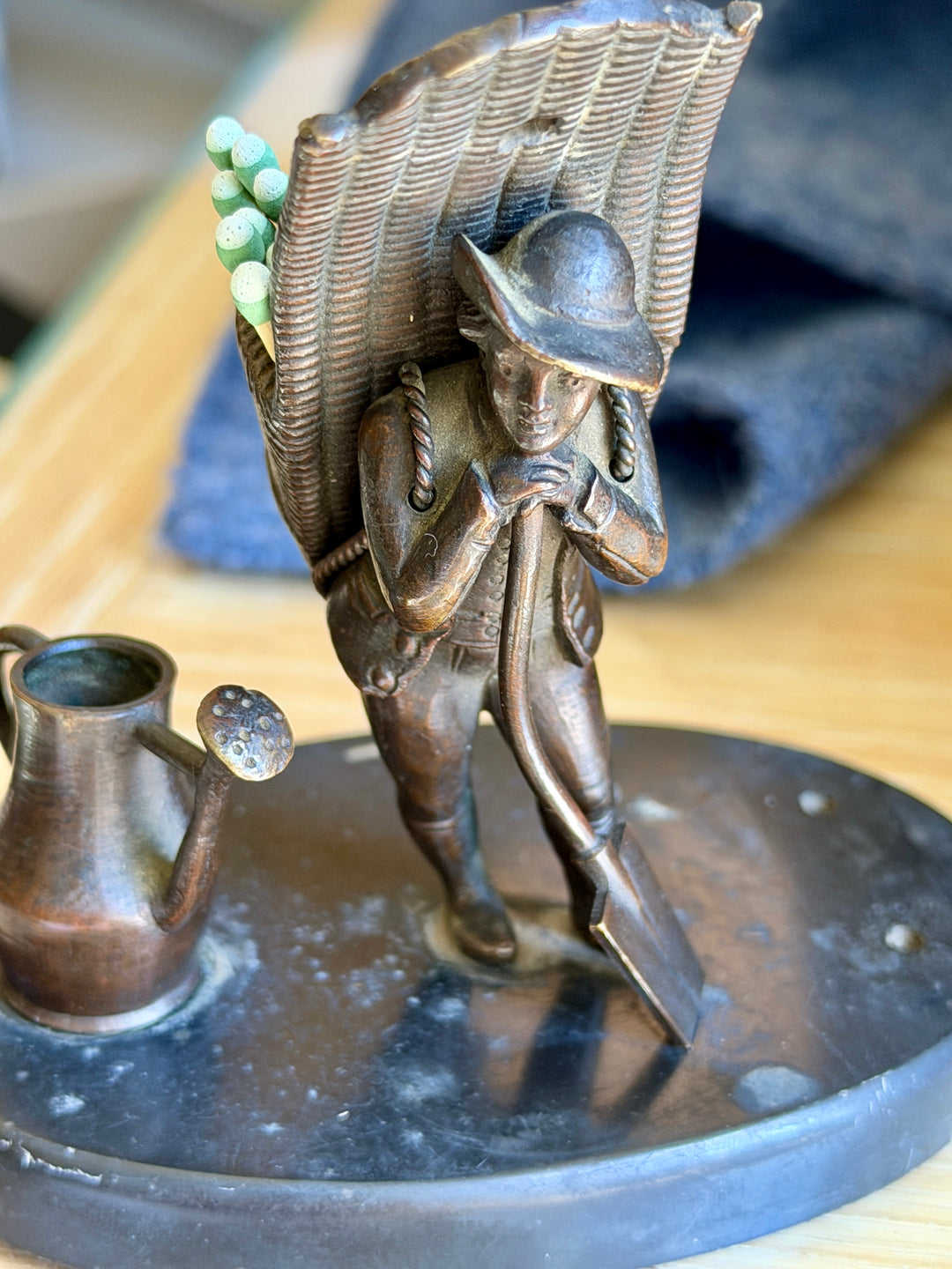 Antique Bronze Match Striker Figure of a Gardener w/ Basket on Marble Base
