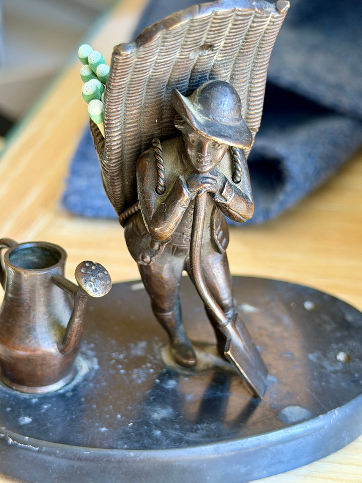 Antique Bronze Match Striker Figure of a Gardener w/ Basket on Marble Base