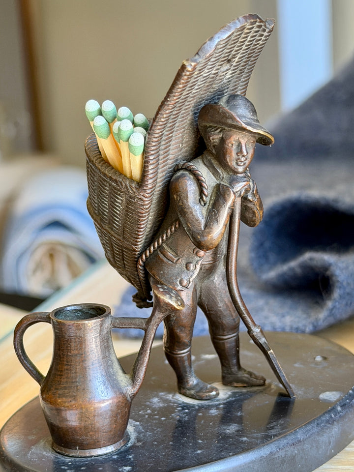 Antique Bronze Match Striker Figure of a Gardener w/ Basket on Marble Base