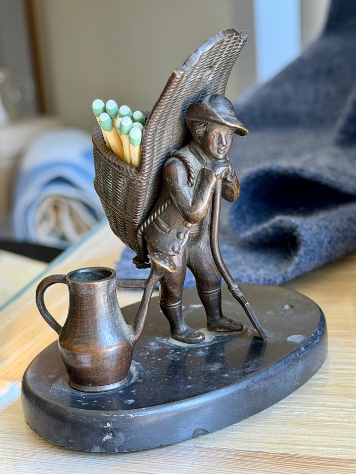 Antique Bronze Match Striker Figure of a Gardener w/ Basket on Marble Base