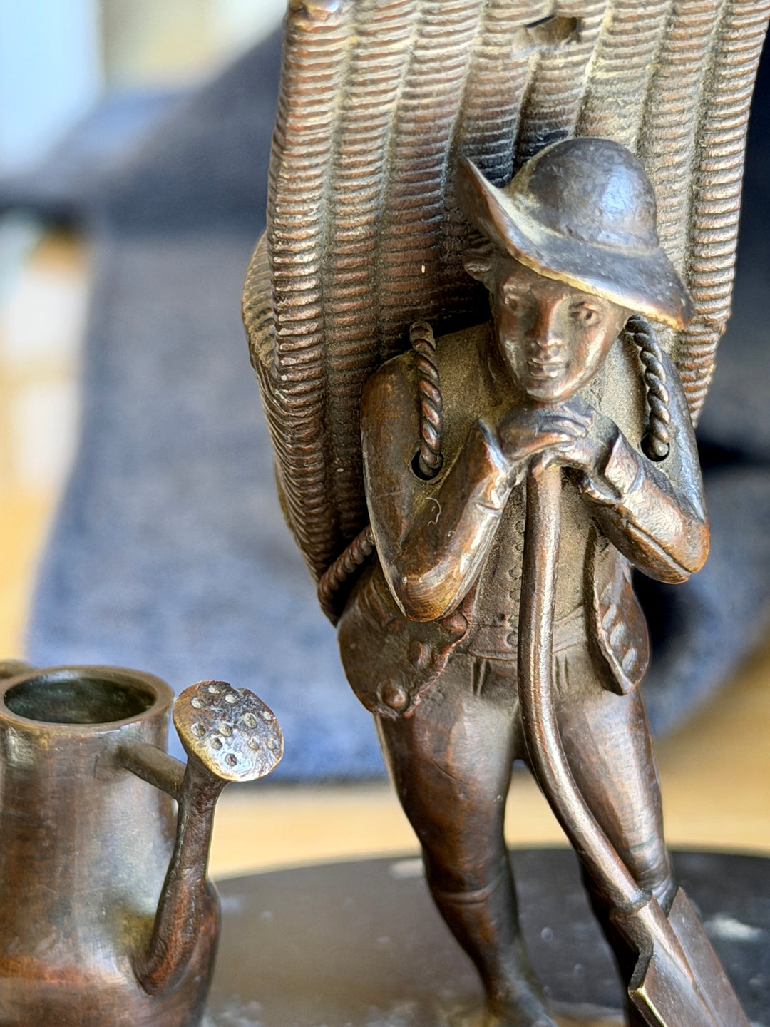 Antique Bronze Match Striker Figure of a Gardener w/ Basket on Marble Base