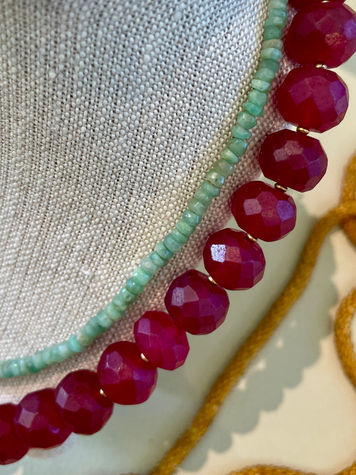 Handcrafted 18" Faceted Ruby Glass Bead Necklace w/ Brass Spacer Beads + Closure, Morocco