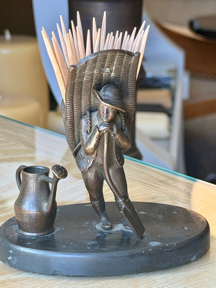 Antique Bronze Toothpick Holder in Figure of a Gardener w/ Basket on Marble Base