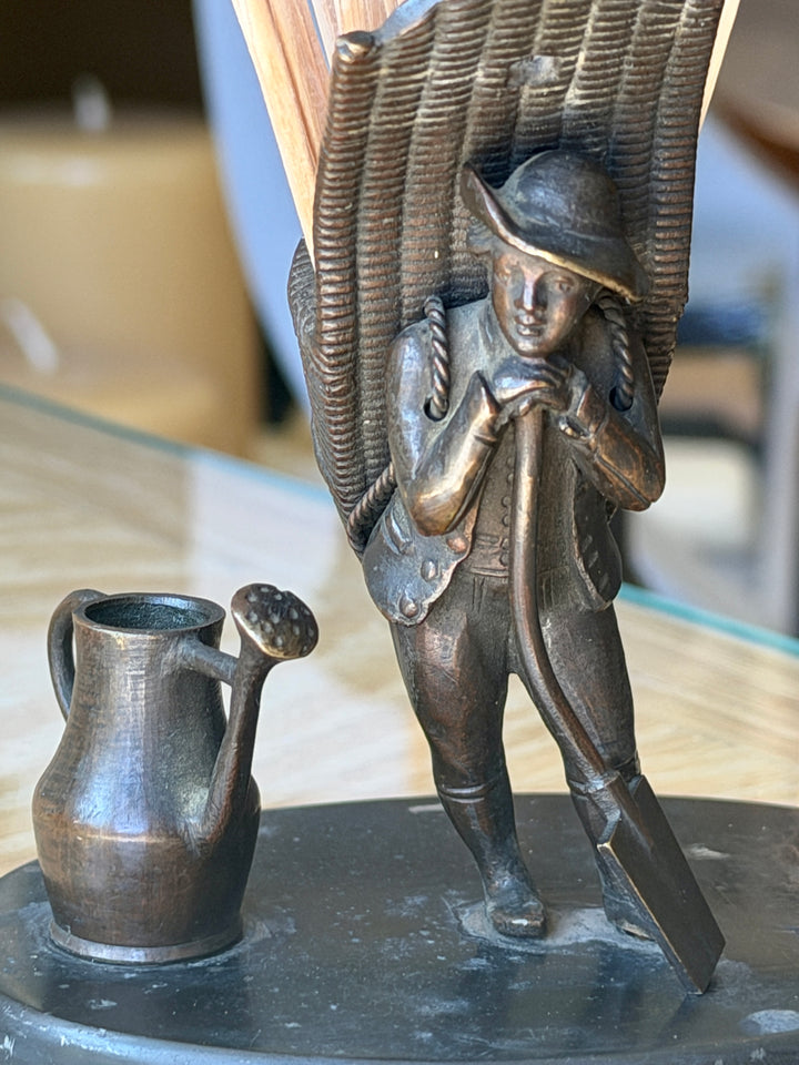 Antique Bronze Toothpick Holder in Figure of a Gardener w/ Basket on Marble Base