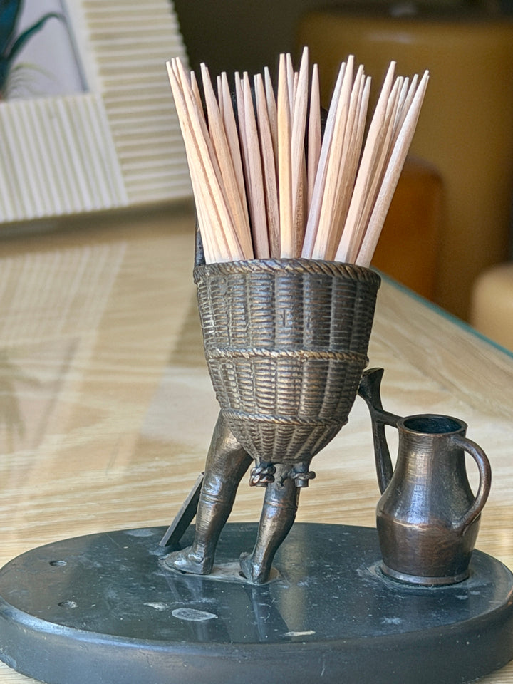 Antique Bronze Toothpick Holder in Figure of a Gardener w/ Basket on Marble Base