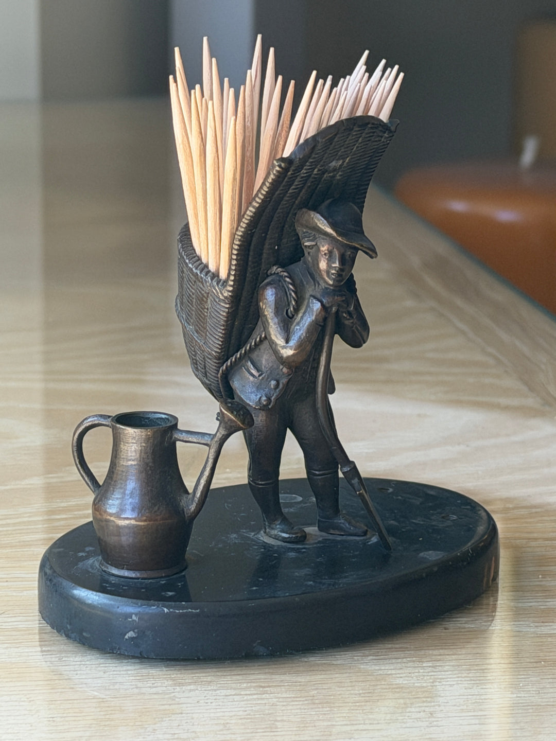 Antique Bronze Toothpick Holder in Figure of a Gardener w/ Basket on Marble Base