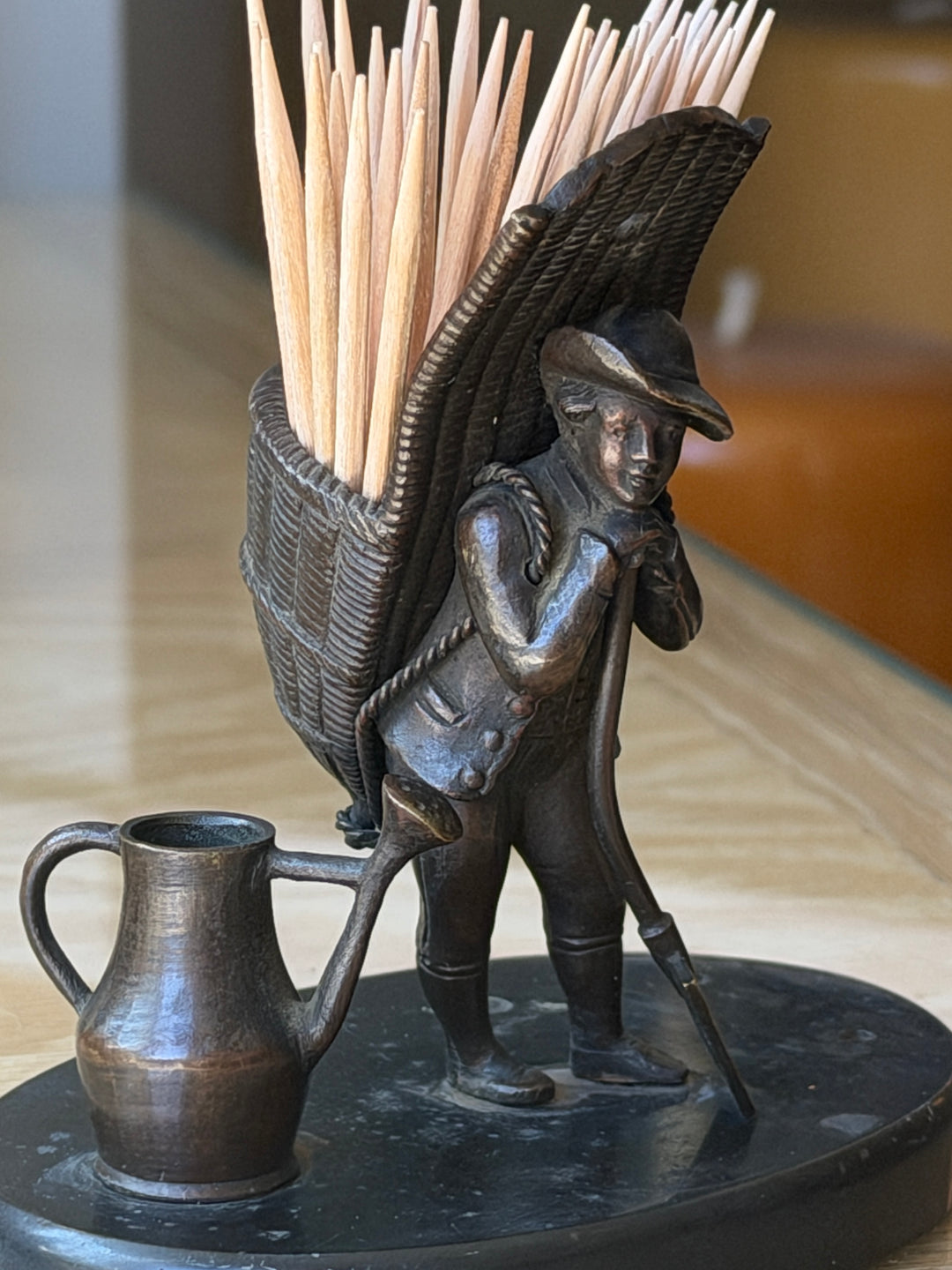 Antique Bronze Toothpick Holder in Figure of a Gardener w/ Basket on Marble Base