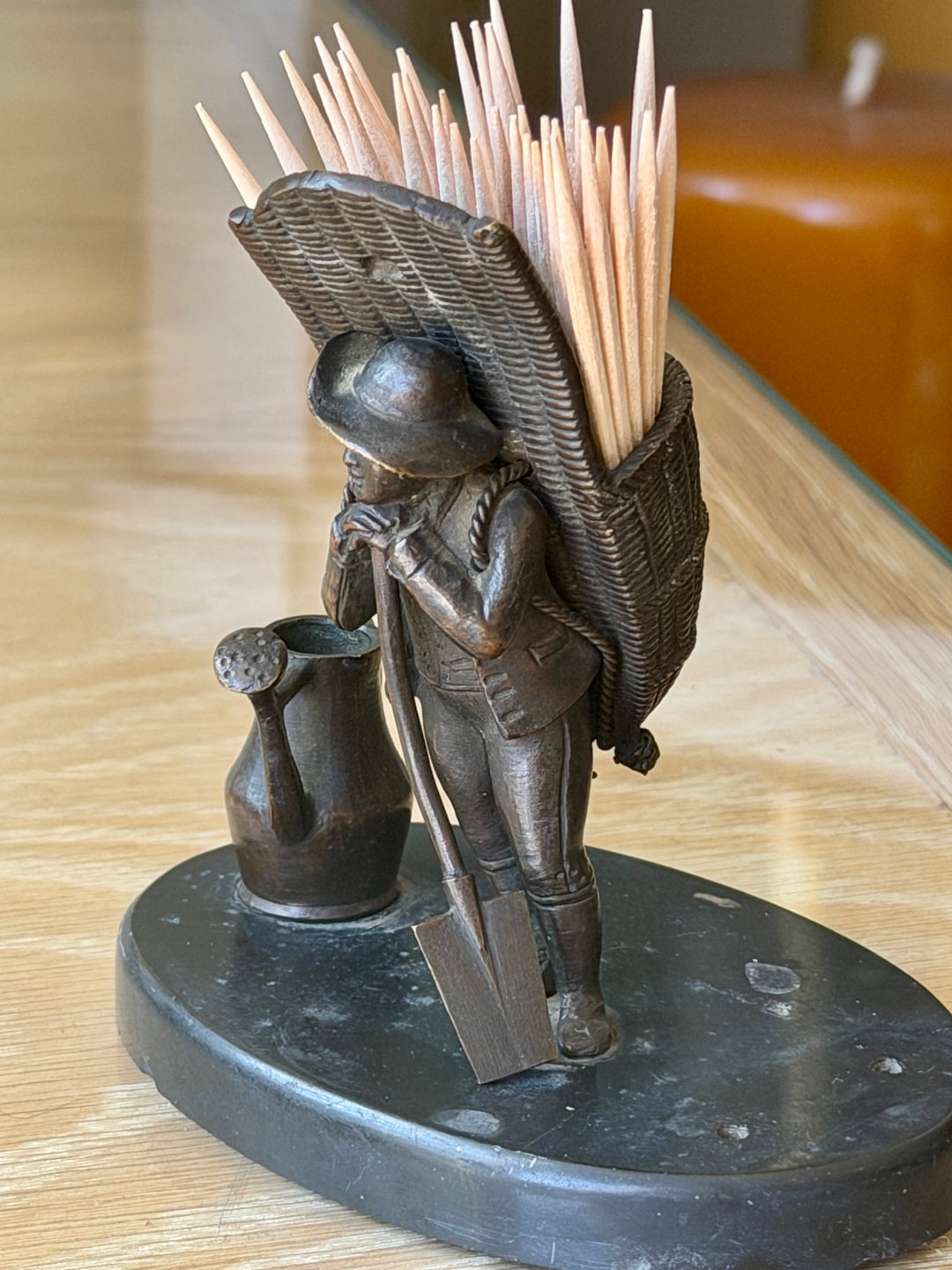 Antique Bronze Toothpick Holder in Figure of a Gardener w/ Basket on Marble Base