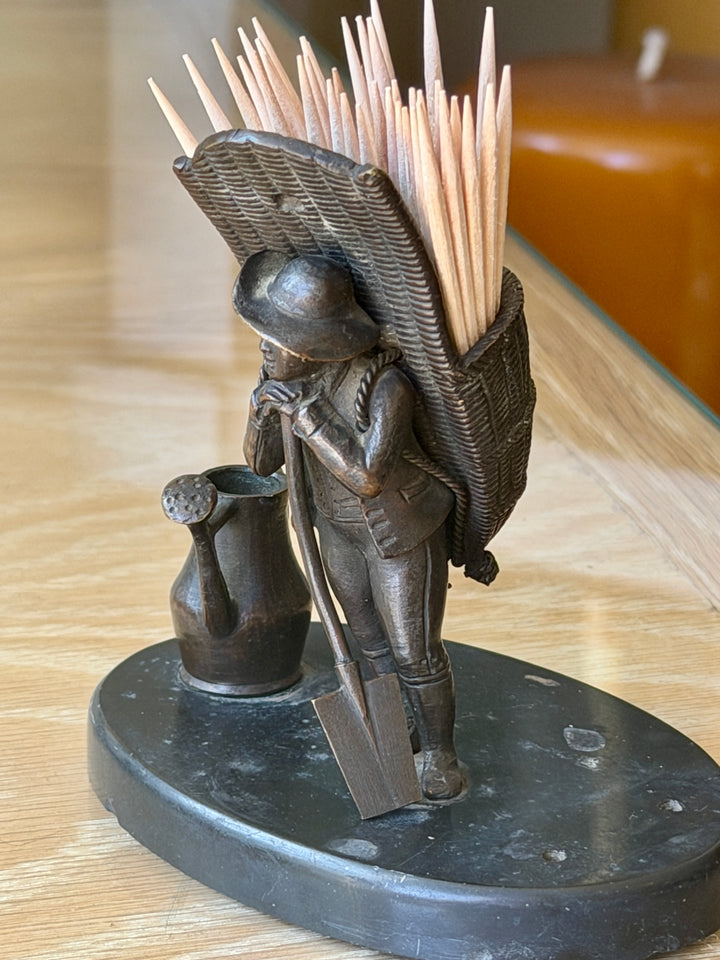 Antique Bronze Toothpick Holder in Figure of a Gardener w/ Basket on Marble Base