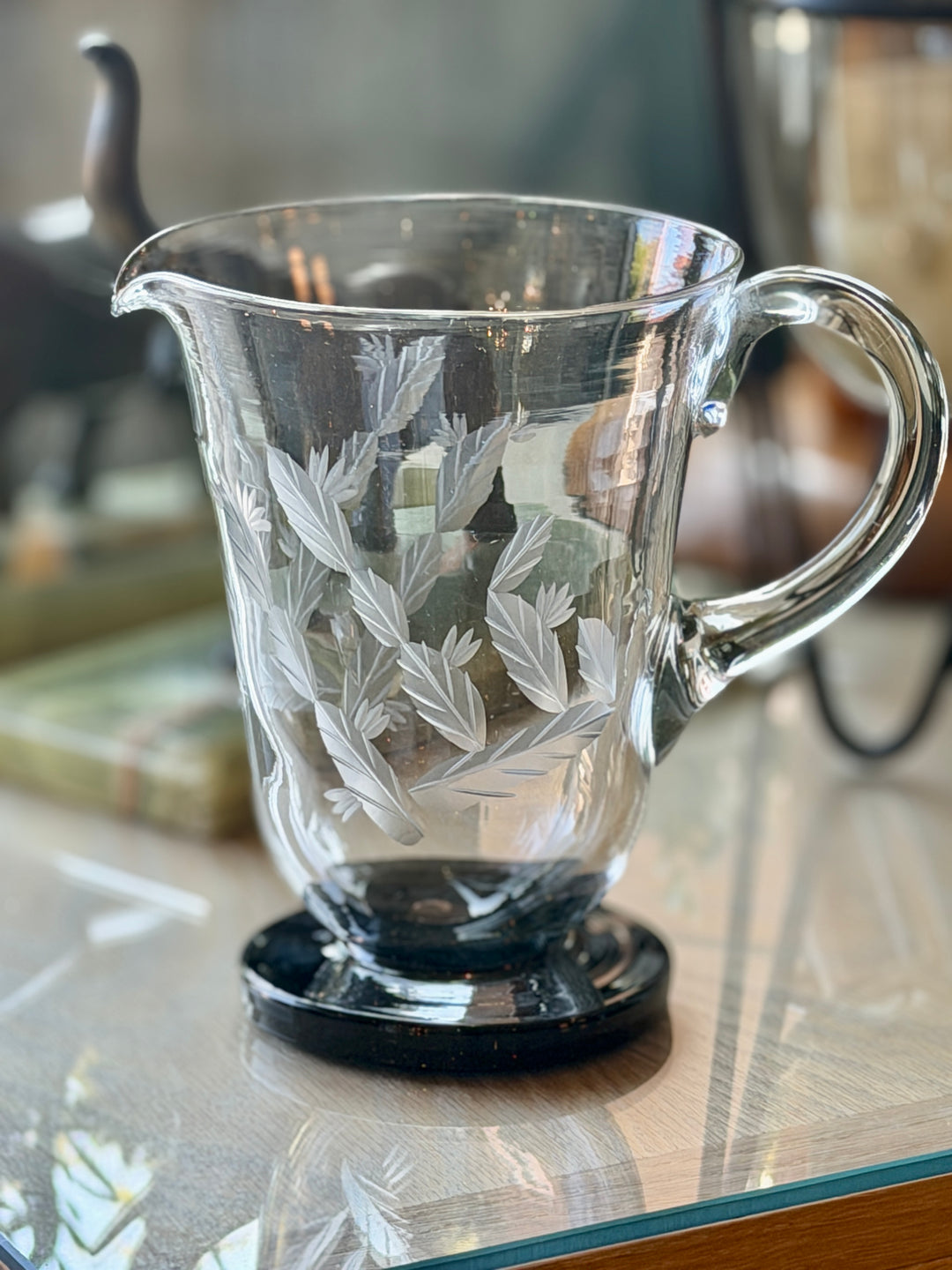 Vintage Handblown + Etched Glass Juice Pitcher w/ Amethyst Base