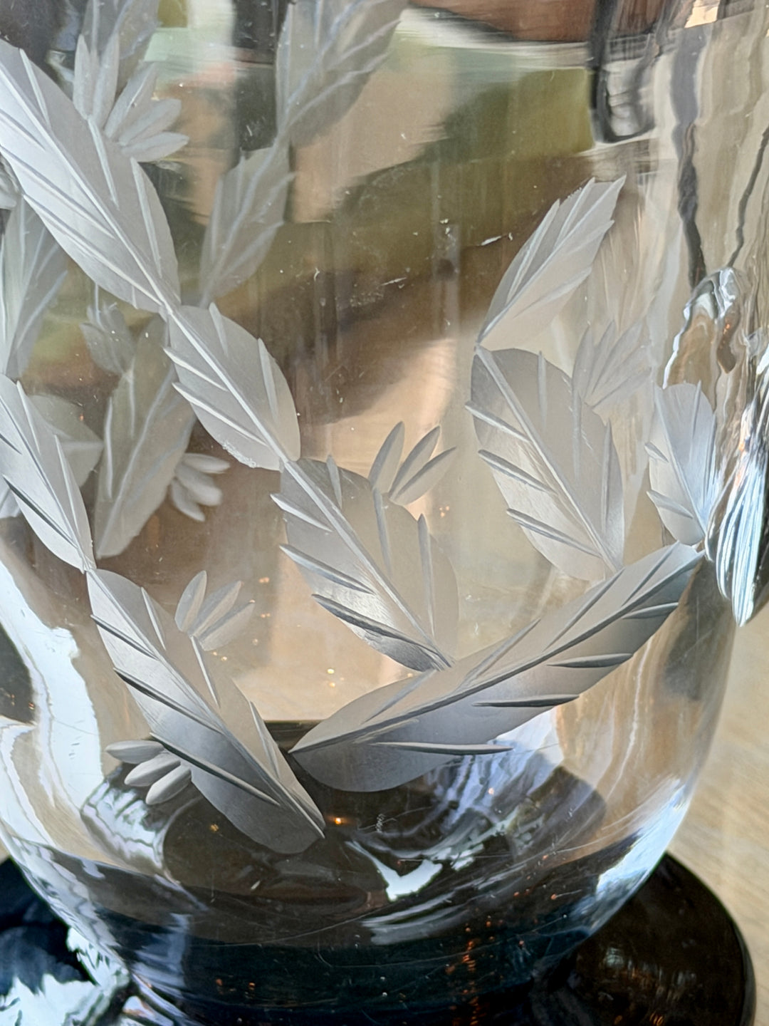 Vintage Handblown + Etched Glass Juice Pitcher w/ Amethyst Base