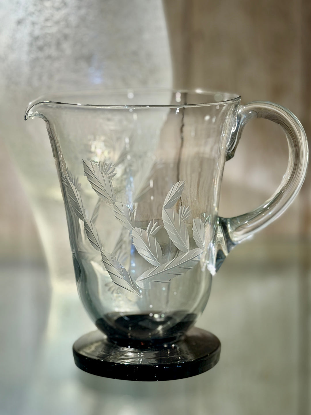 Vintage Handblown + Etched Glass Juice Pitcher w/ Amethyst Base