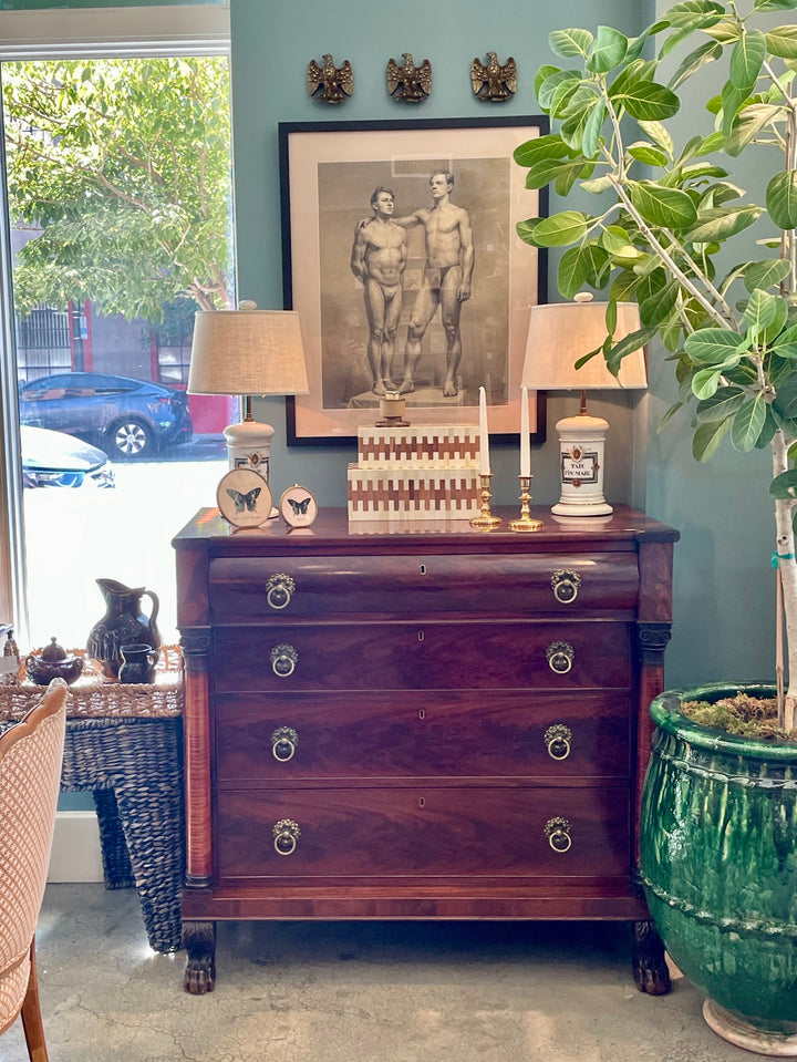 Antique American Empire Mahogany Wood 4 Drawer Chest w/ Claw Feet + Original Brass Pulls