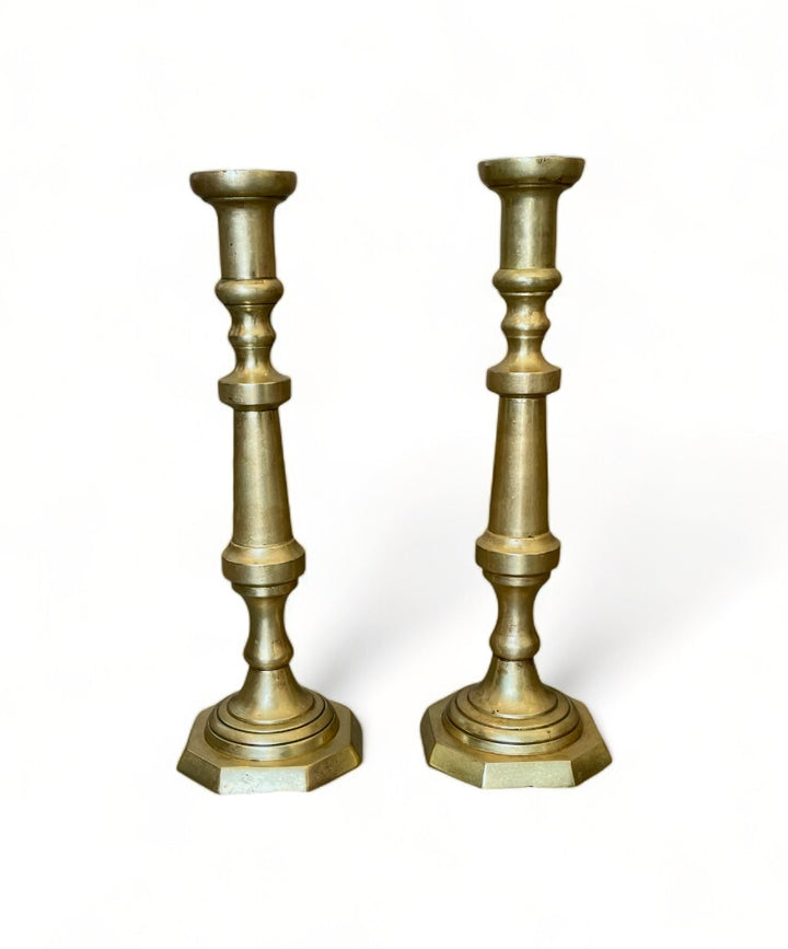 Vintage Turned Brass Candlesticks | Pair