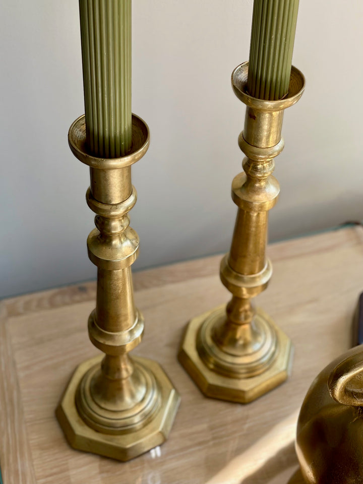 Vintage Turned Brass Candlesticks | Pair