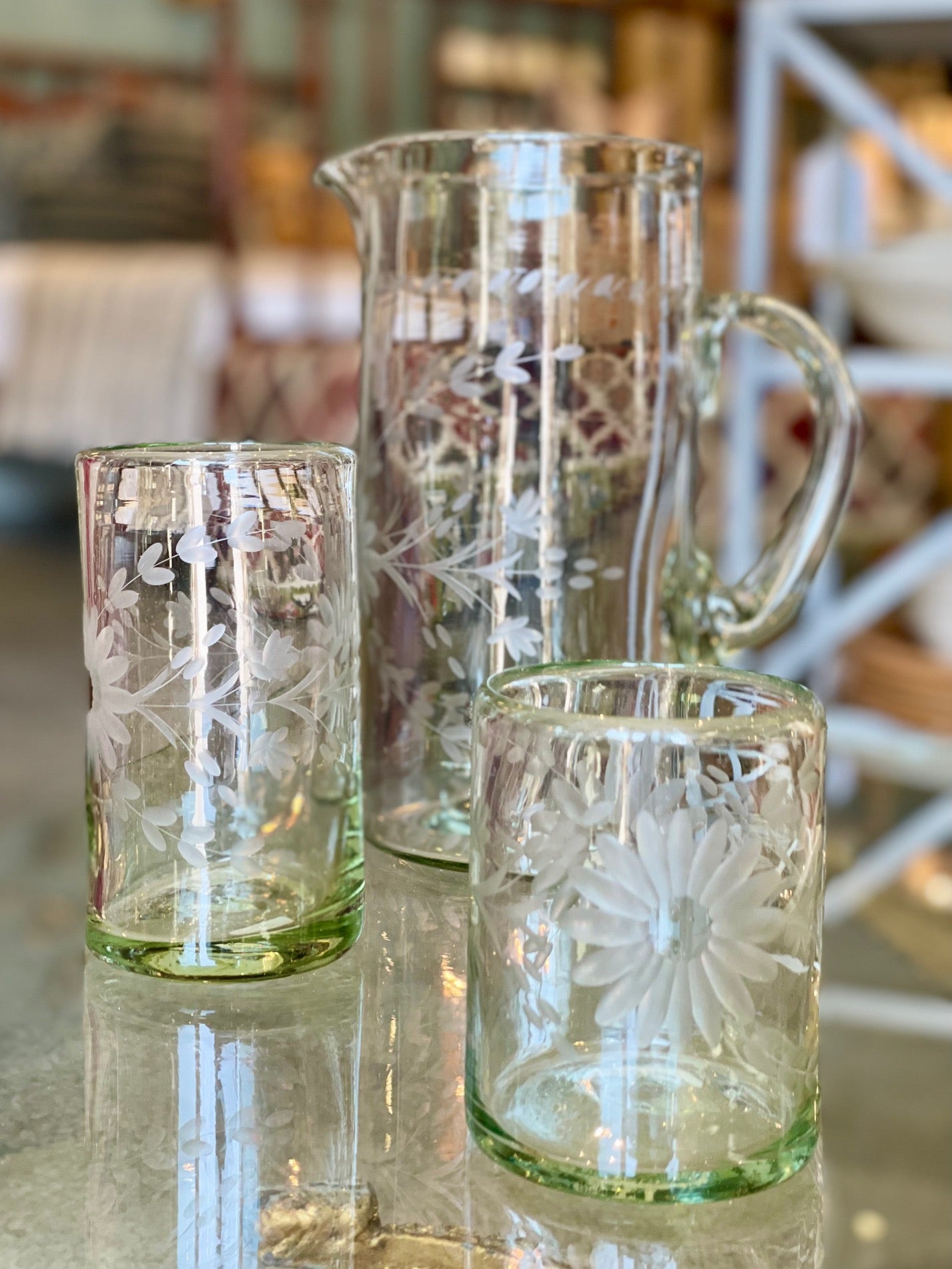 Etched shops Glass Pitcher with applied handle