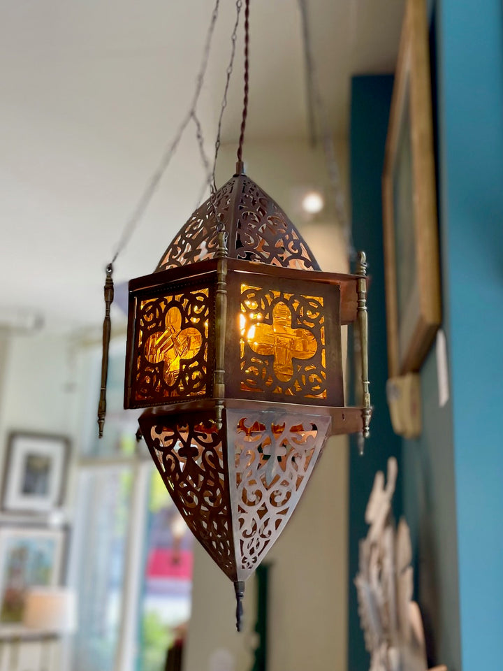 Vintage Moroccan Lantern w/ Amber Glass Panels