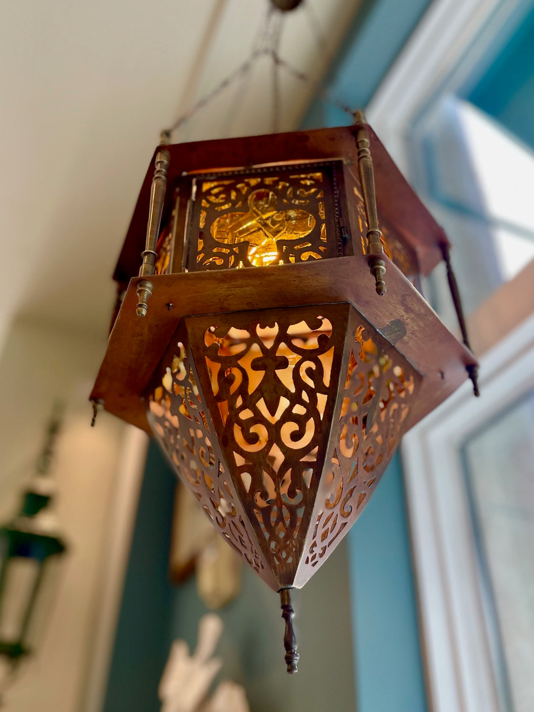 Vintage Moroccan Lantern w/ Amber Glass Panels